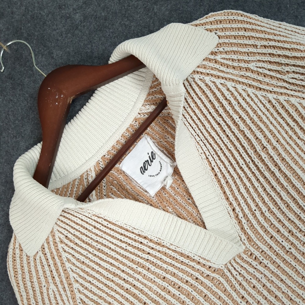Aerie Womens Striped V-Neck Collared Pullover Sweater Tan Cream XS Ribbed Knit